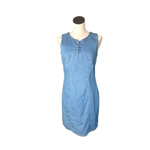 Ivey Jean Dress Blue Denim Women 8 Keyhole Back Slimming Sleeveless Straight - Picture 3 of 11